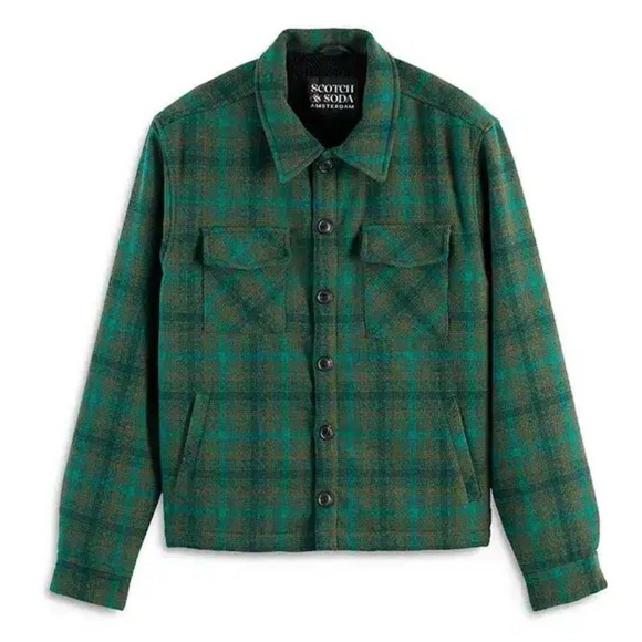 $288 Scotch & Soda Teddy Lined Green Check Printed Flannel Overshirt Jacket L